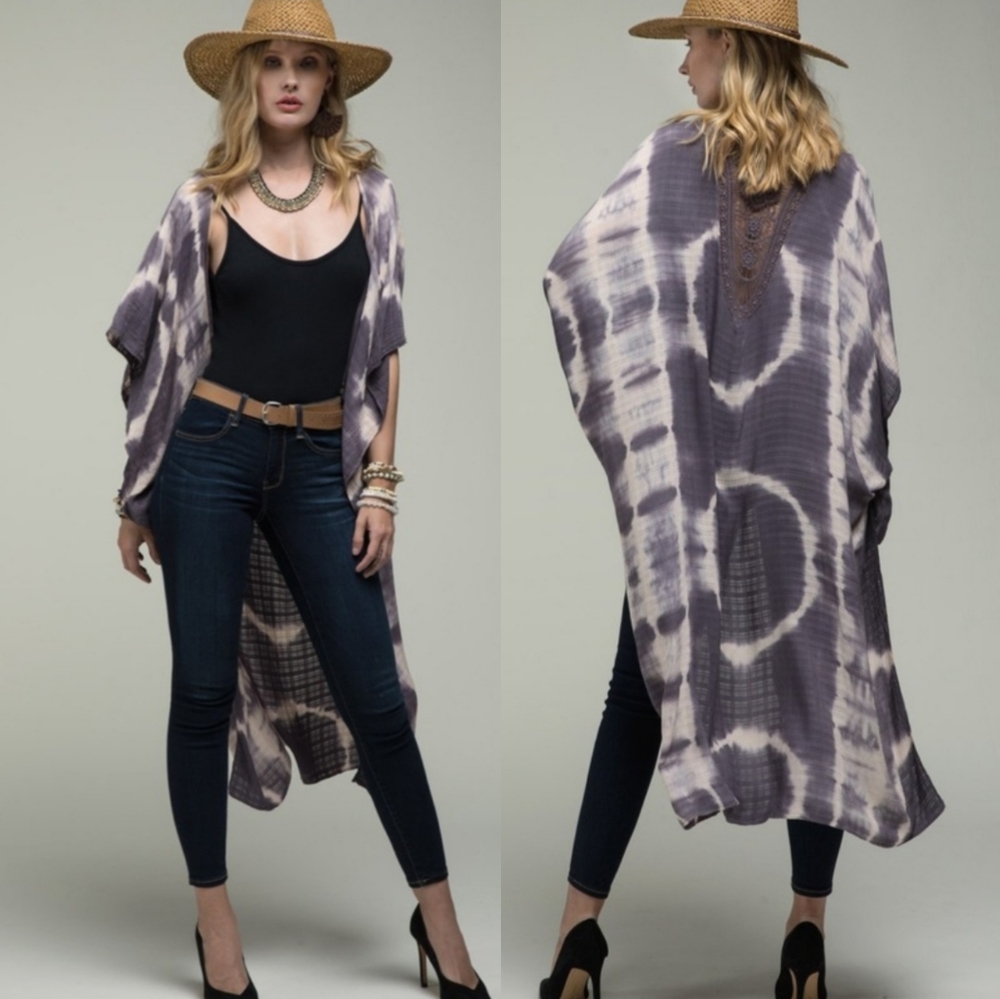 Boho Tie Dye Crochet Kimono Duster or Cover Up - Picture 1 of 6